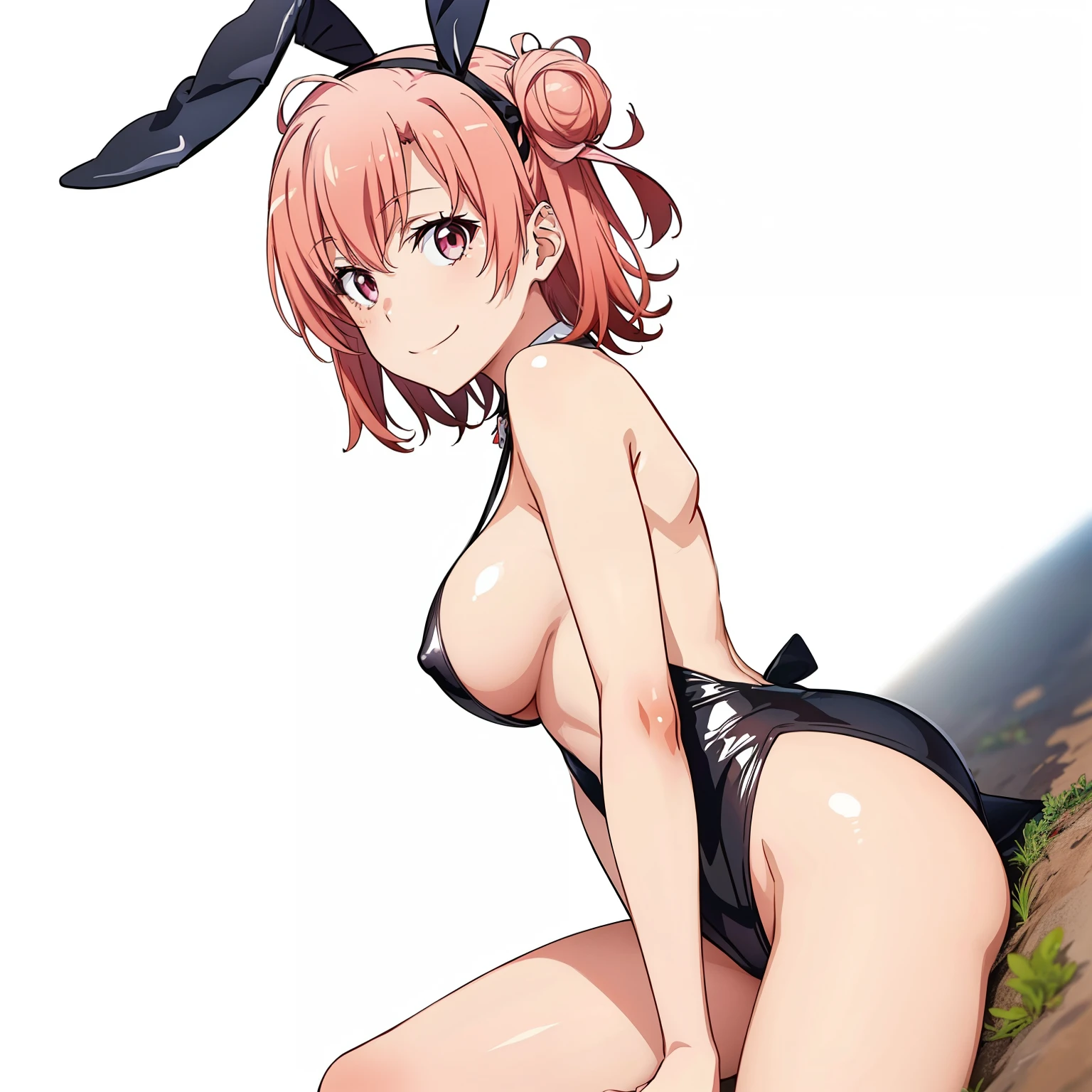 ((masutepiece, Best Quality, hight resolution, nffsw, Perfect Pixel, depth of fields, 4K, )), 1girl in, Solo, , Beautiful anime girl, Beautiful Art Style, close up, Looking at Viewer, Perfect body, side shot, Yuigahama Yui, Short hair, pink hair, pink eyes, hairbun, (large boob), side boob, sitting, black playboy bunny outfit, smile, hands on thighs, blank white background, shot from the waist up
