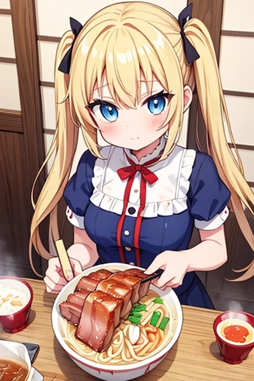 Eat Jiro-style ramen with a large serving of char siu,Highest quality,Blonde with blue eyes、Lolita、Small breasts、Twin tails、girl&#39;mischief,smile,