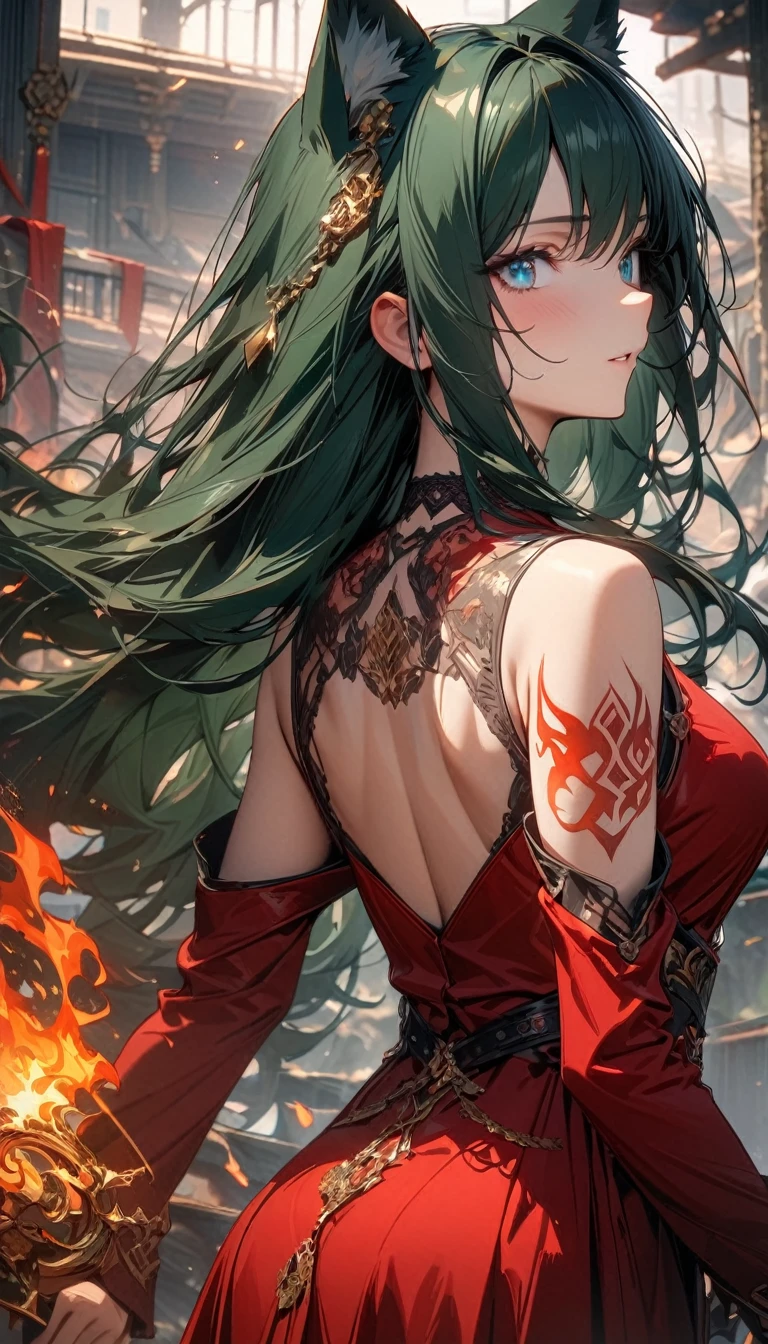 Adult woman, long dark green hair, cat ears, turquoise eyes, red magic dress, long sleeves, open shoulders, golden elements, fire tattoo, Masterpiece, best quality, Full HD, 8k, ultra details, great graphic