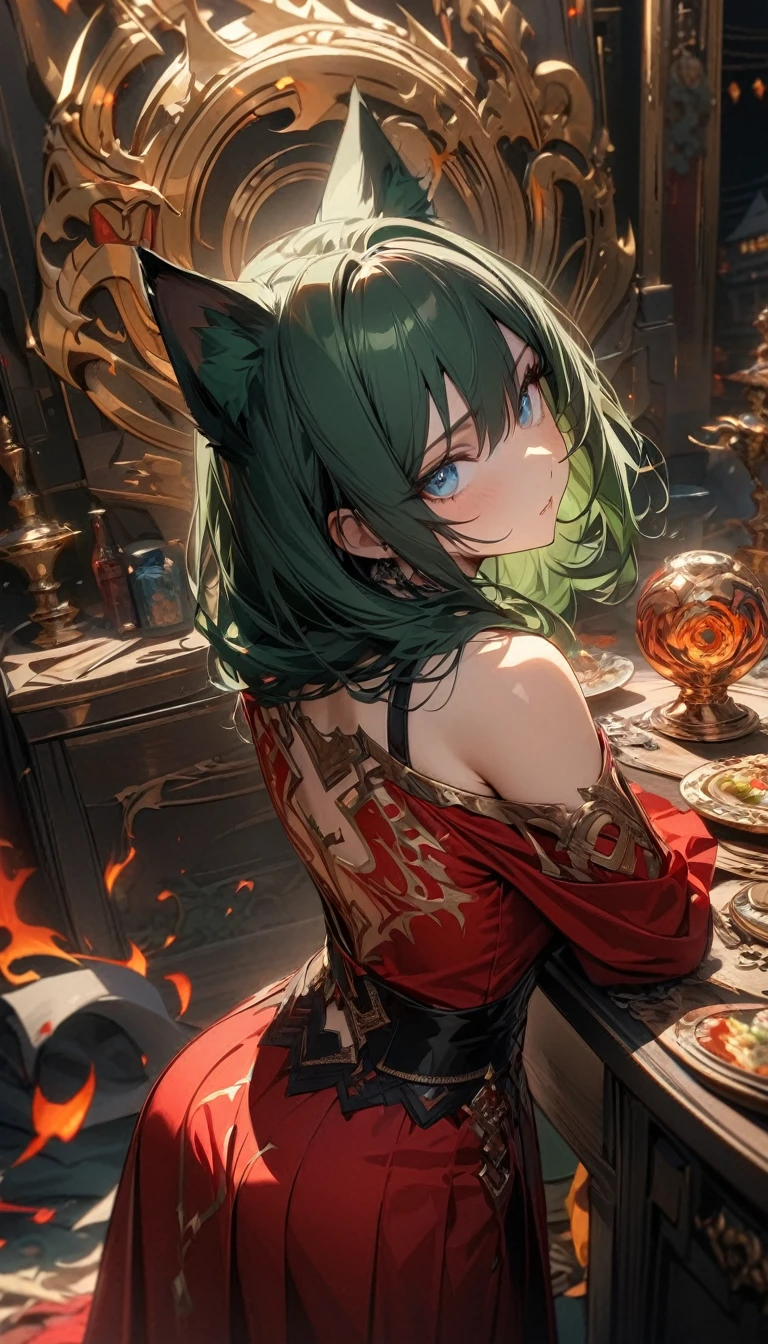 Adult woman, long dark green hair, cat ears, turquoise eyes, red magic dress, long sleeves, open shoulders, golden elements, fire tattoo, Masterpiece, best quality, Full HD, 8k, ultra details, great graphic