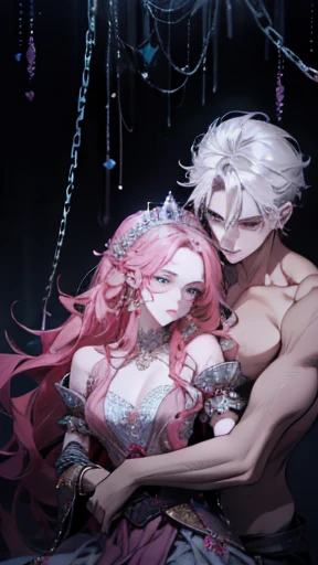 a slave princess and a lustful man, flowers, chains, love, lust, sadness, masterpiece, pink scatter lights