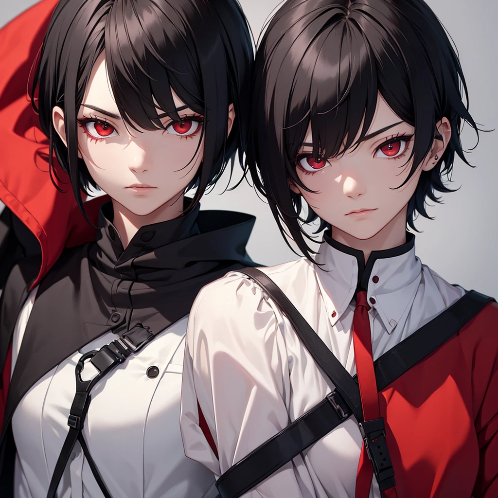 1 androgynous with short black hair and red eyey hobby is photography。trying to capture the strangeness。