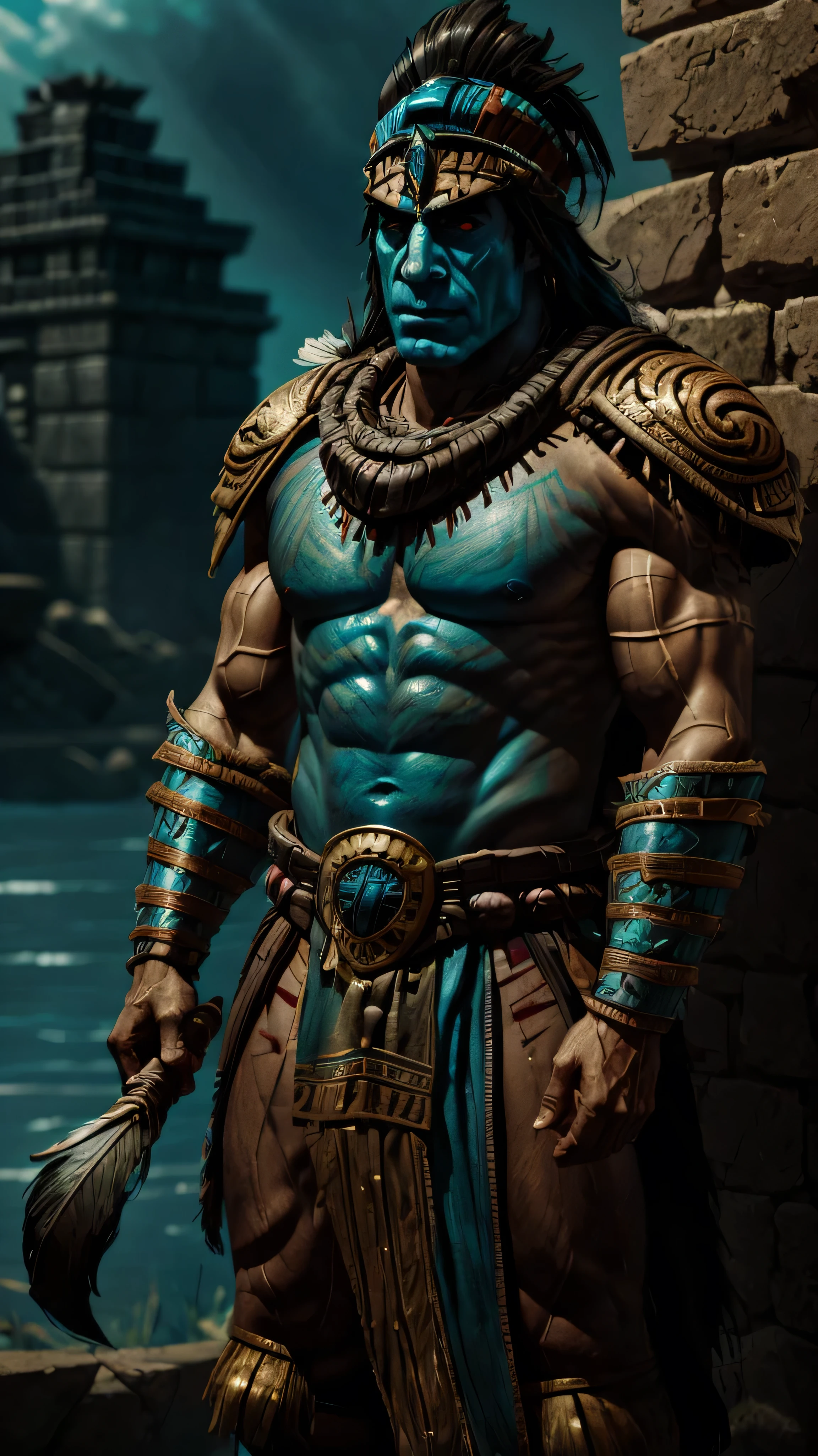 (Javier Bardem) as Kotal Kahn from Mortal Kombat, black long hair, glowing eyes, light blue skin, man warrior, brown helmet with feathers, brown toga, (aztec temple background:1.0), (insanely detailed, beautiful detailed face, masterpiece, best quality), cinematic lighting, 1man, solo, full body view, front view, looking at viewer, intricate, high detail, sharp focus, dramatic, photorealistic painting art by greg rutkowski