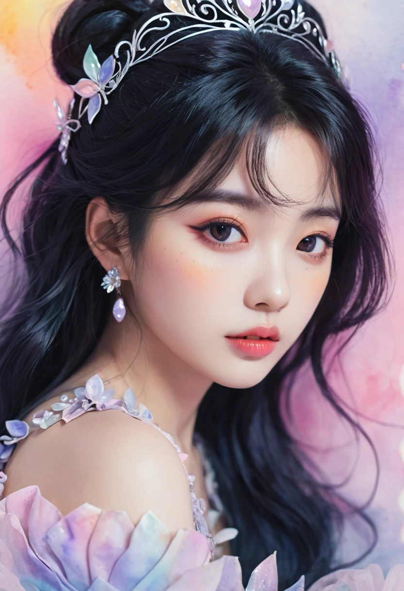 perfectly structured, (watercolor), Digital Illustration, Anime style, Mysterious Dark Princess, Very detailed, Volumetric Lighting, Kawaii pastel colors, Dynamic Synthesis, The image is clear and sharp, (Beautifully, sublimation:1.2), Beautiful beyond words,