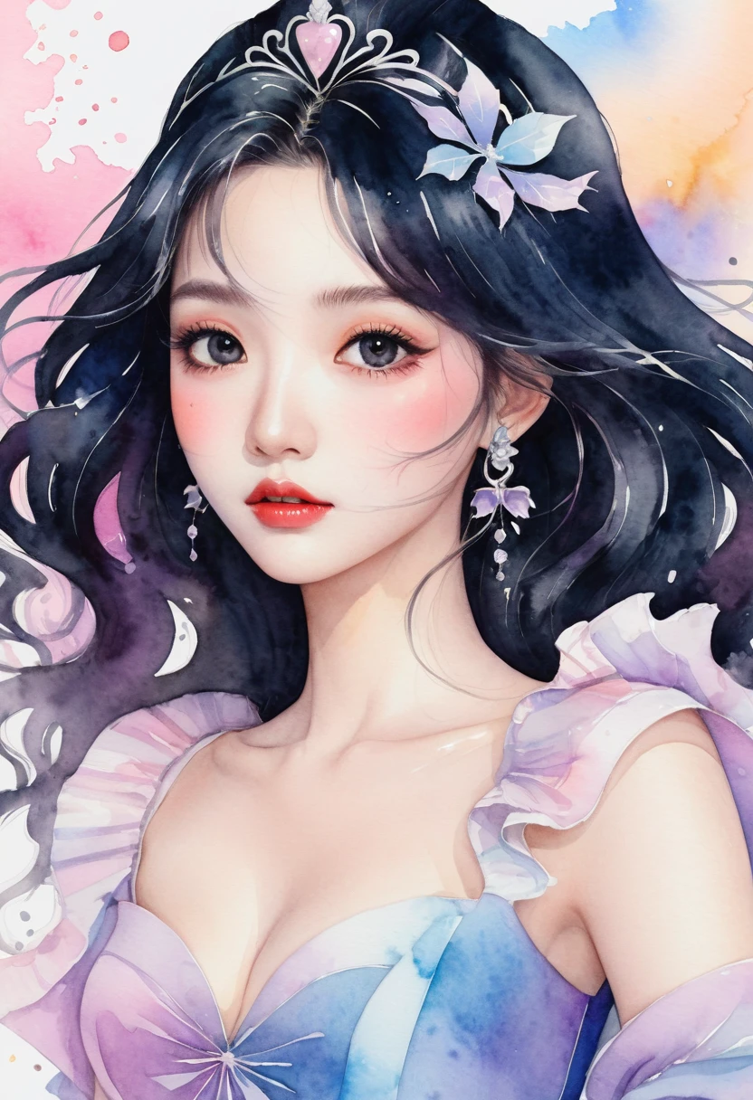 perfectly structured, (watercolor), Digital Illustration, Anime style, Mysterious Dark Princess, Very detailed, Volumetric Lighting, Kawaii pastel colors, Dynamic Synthesis, The image is clear and sharp, (Beautifully, sublimation:1.2), Beautiful beyond words,