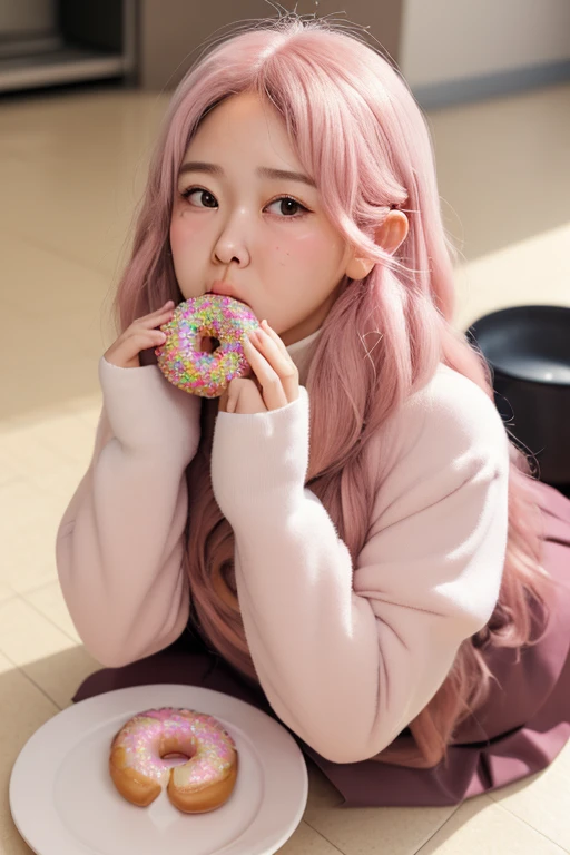 (masterpiece, best quality:1.2),
1 Girl, (Puffy cheeks:1.4), (:3, surprise, Full face blush, Sweat beads:1.2), Looking at the audience, Long hair, Pink Hair, Brown eyesBREAK Maid costume, Black skirt, scarf, sit, on the ground, seiza BREAK Start from the top, (eat, holding food, Donut), food, Plates pile, food on face, kitchen