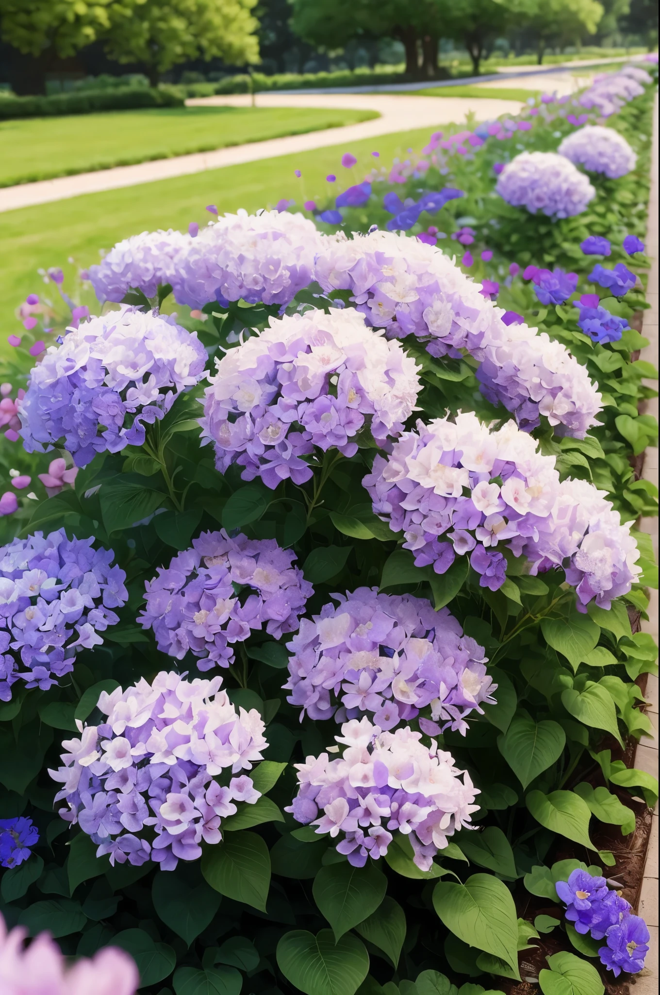 purple flowers are growing in a flower bed in a yard, a pastel by Manuel Ortiz de Zarate, flickr, hurufiyya, purple flower trees, beautiful flowers growing, incredibly beautiful, beautiful!!!!!!!!!, lush plants flowers, flowers and trees, lush flowery outdoors, beautiful large flowers, beautiful flowers, lush trees and flowers, beautiful plants, beautiful image, just beautiful