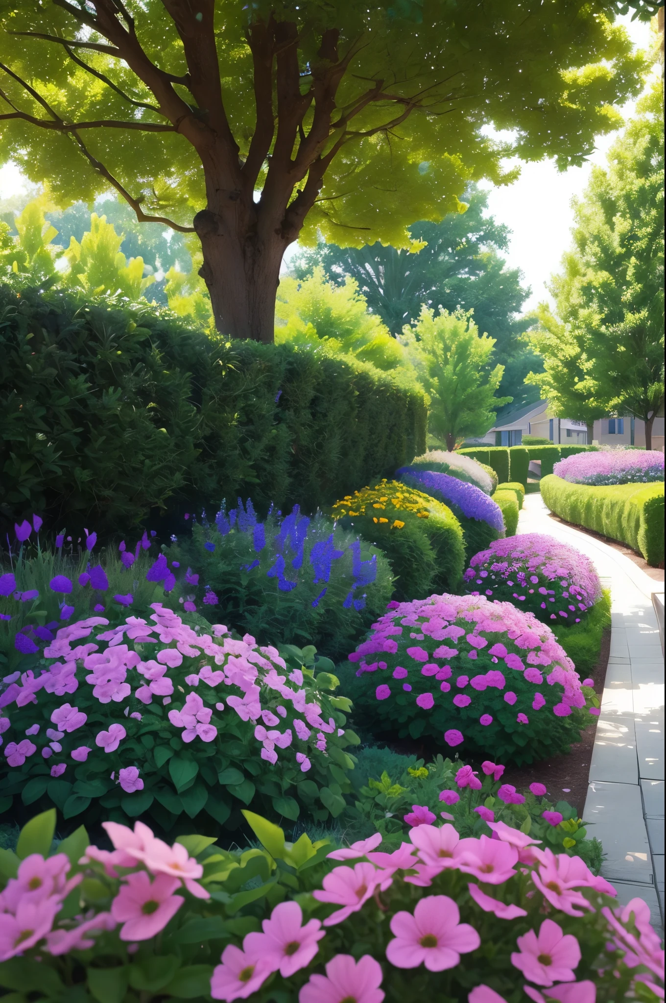 purple flowers are growing in a flower bed in a yard, a pastel by Manuel Ortiz de Zarate, flickr, hurufiyya, purple flower trees, beautiful flowers growing, incredibly beautiful, beautiful!!!!!!!!!, lush plants flowers, flowers and trees, lush flowery outdoors, beautiful large flowers, beautiful flowers, lush trees and flowers, beautiful plants, beautiful image, just beautiful