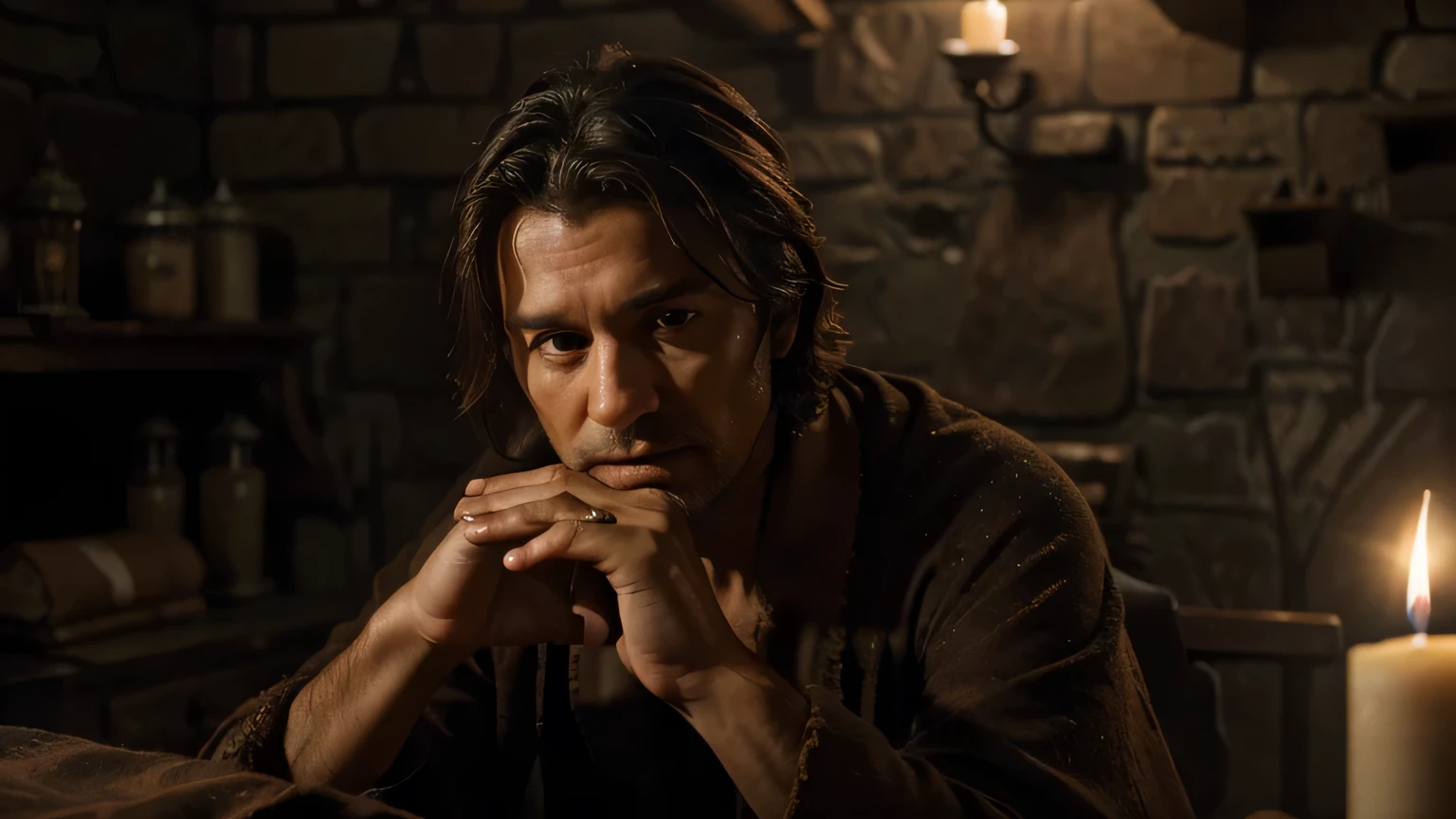 At night, a middle-aged brown-haired man, Jairo, expression of great concern, dressed in a tattered brown robe, sitting in a chair next to a bed, dimly lit room, with stone walls, in the light of a single candle (best quality). ,4k,8k,high resolution,masterpiece:1.2),ultra detailed,(realistic,photorealistic,photorealistic:1.37),chiaroscuro lighting,dramatic lighting,intricate details,cinematic composition,natural skin tones,highly detailed facial features, Expressive eyes, detailed hands, aged and worn appearance, dramatic shadows, dusty prison interior, rough stone walls, rusty iron bars, flickering candlelight, historical, renaissance, oil painting.