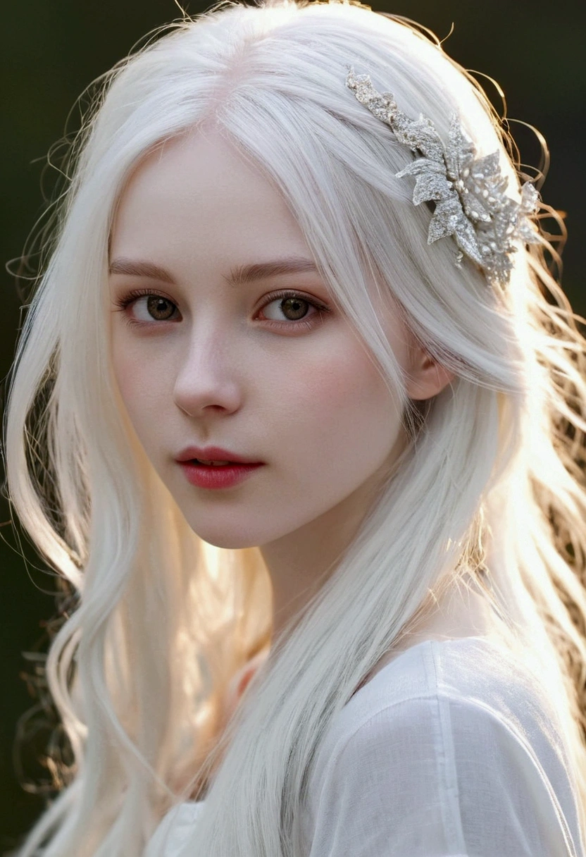 very beautiful person, ,"thin in the extreme", with small, "pixie-like" features,long white hair, extreme pale skin