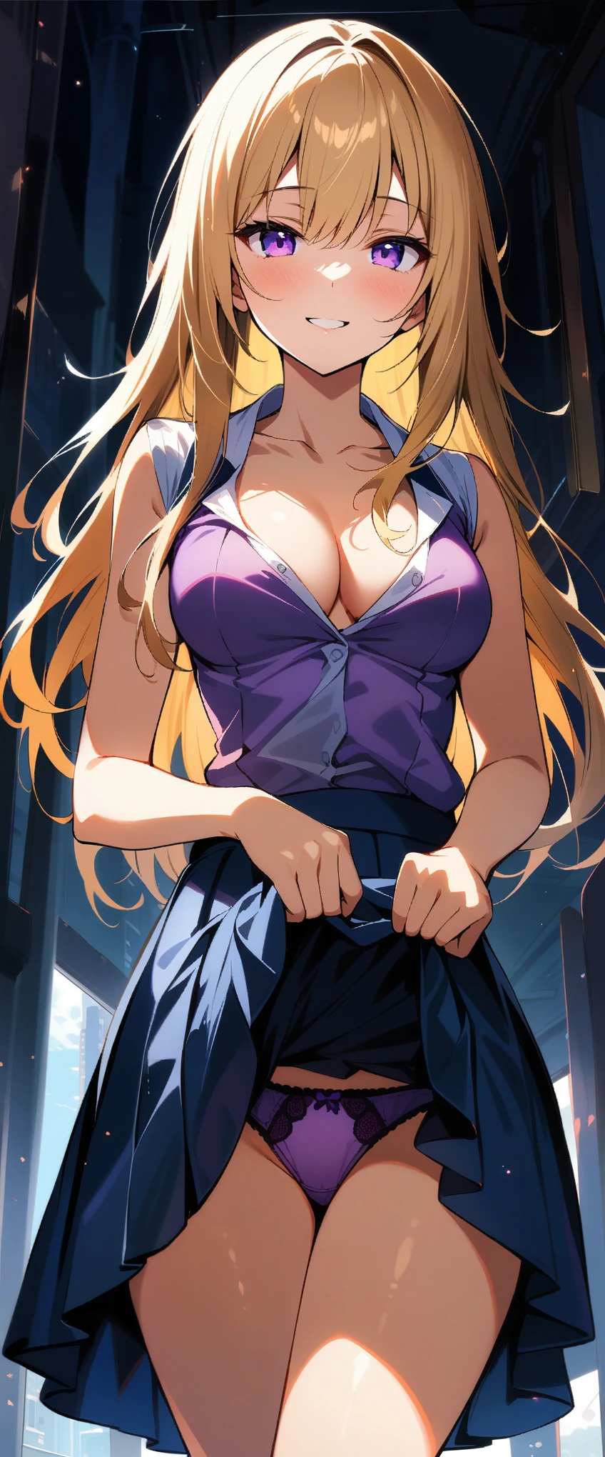 1 girl, , stand, long hair, golden hair, purple eyes, ((purple underwear)), (((Worn school uniforms))), (naughty face), (cowboy shot), (medium breasts), (cleavage), (((showing underwear))), (((((skirt lift by myself))))), (((from front))), (from below), ((looking at viewer)), ((32K)), ((best quality)), ((ultra high res)), ((HDR)), ((uhd)), ((extremely detailed CG)), ((unity 32K wallpaper)), ((perfect anatomy)),