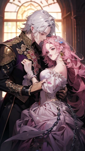 a slave princess and a lustful man, flowers, chains, love, lust, sadness, masterpiece, pink scatter lights, grabbing