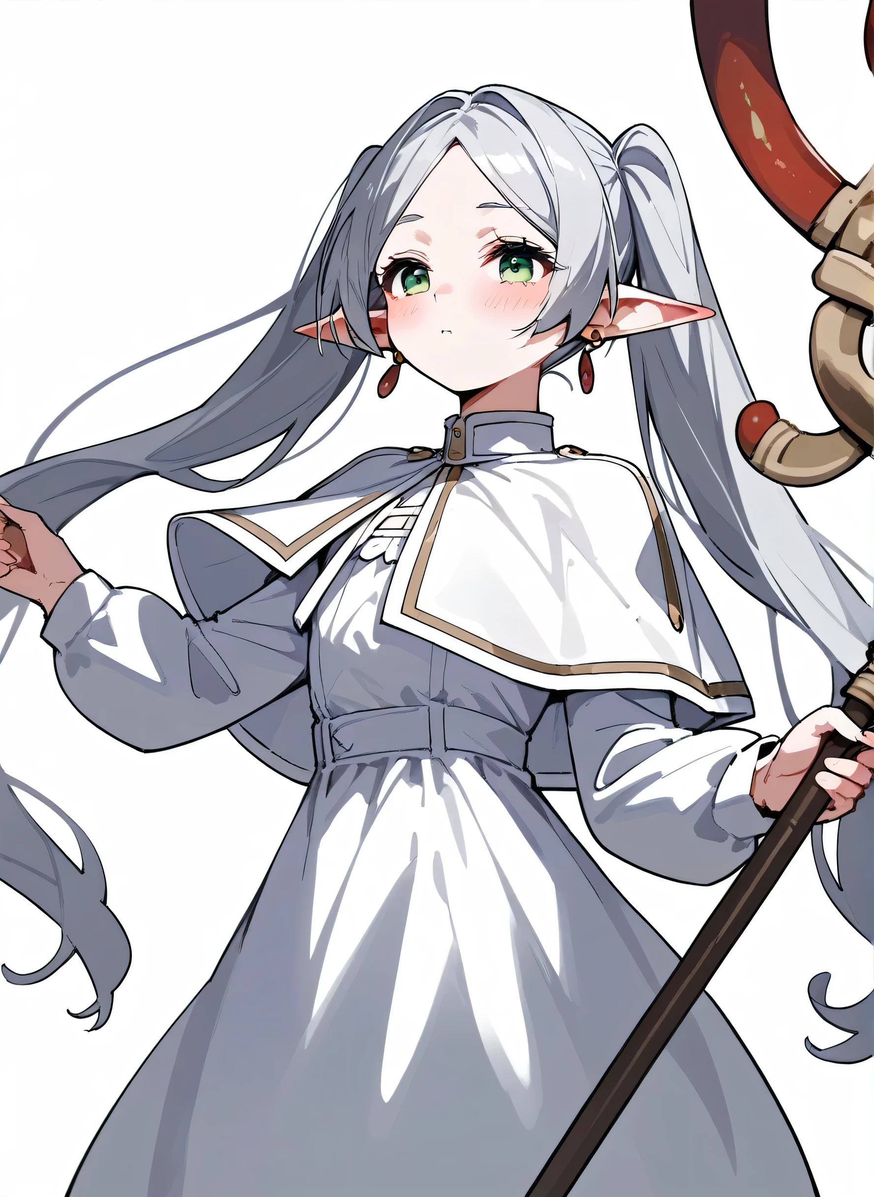 (score_9,score_8_superior,score_7_superior,score_6_superior,score_5_superior,score_4_superior),Nereil,Freezing,One girl,alone,Pointed Ears,Green Eyes,Twin tails,staff,Long Hair,Earrings,Holding,jewelry,White Background,Holding staff,blush,Capelet,Fairy,View your viewers,dress,Simple Background,white Capelet,Long sleeve,white dress,Mouth closed,chest,very Long Hair,bangs,parted bangs,Gray Hair,superiorper body,