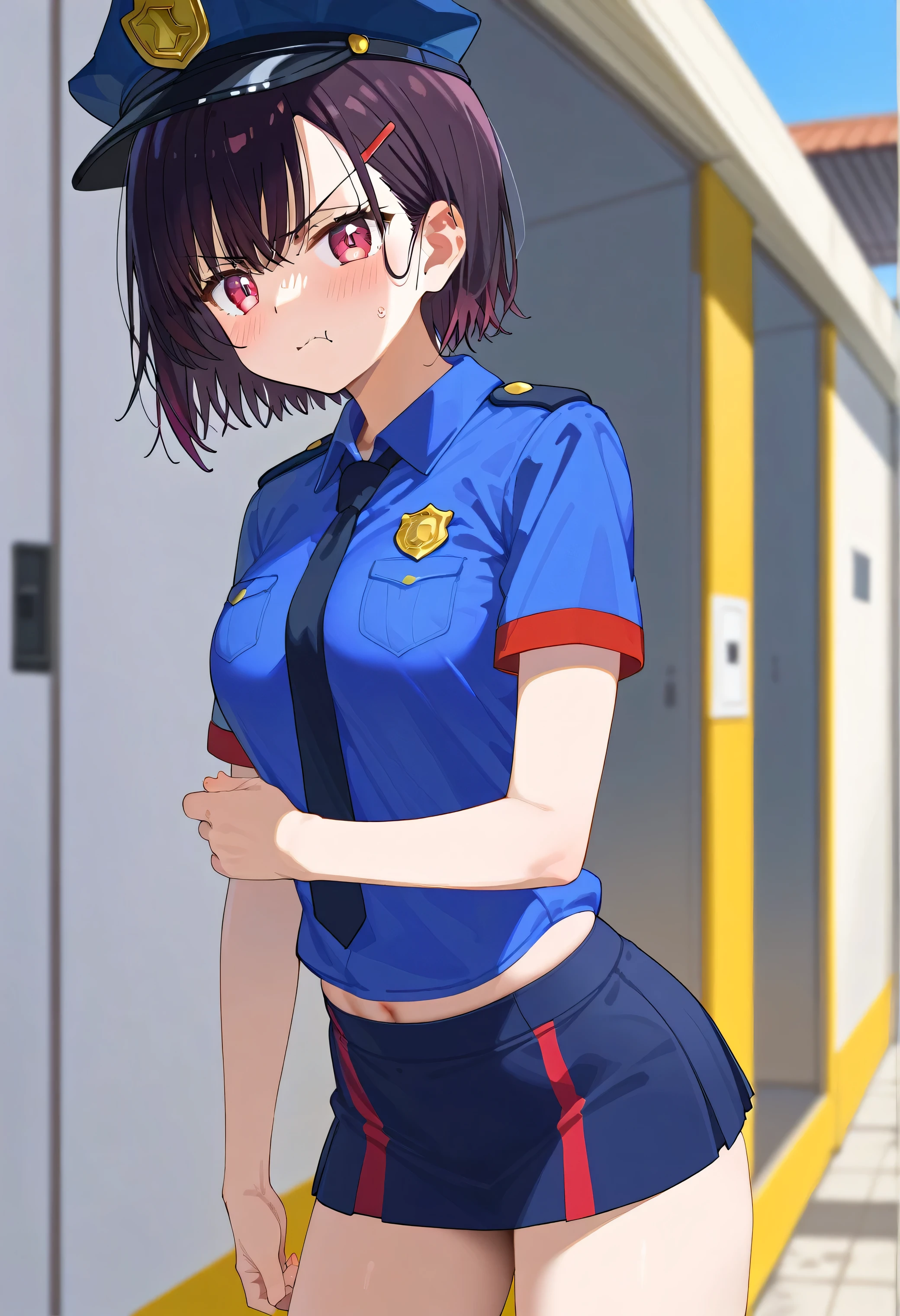 Mikazuki Shizuka, alone, Sportswear,BREAK
score_9, score_8_Excellent, score_7_Excellent, anime、Police、Police Cosplay、Tight skirt、green、Get angry、Stuffy、((best quality)), (ultra-detailed), ((extremely detailed)), (beautiful), ((kawaii girl))