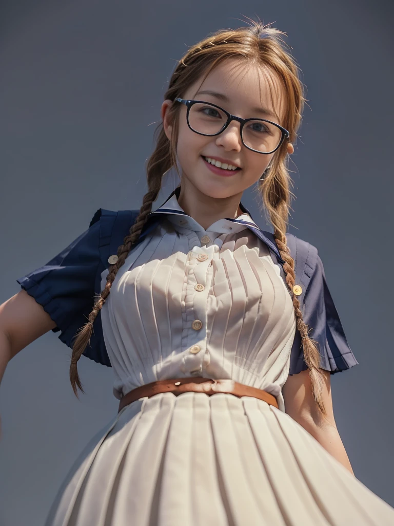 ((masterpiece))、((Highest quality))、photograph、reality、High resolution、Advanced Depth of Field、become close、Realistic lighting、secretary、(:1.5)、(Young face:1.5)、(Primary scht)、Delicate facial features、Realistic background and accessories、(A tight white shirt with buttons and a collar:1.5)、(Navy blue short pleated skirt:1.5)、(Red ribbon at neck:1.0)、Sexy lips、bed、Wide Shot、Thighs、(smile:1.3)、Emphasize the weight, soft, Round Breasts、whole body、(Legs spread wide to the sides:1.5)、(Braid:1.5)、(Glasses:1.2)、(Cowboy Position:1.5)、((Sexually excited facial expression:1.5))、(Angle from below:1.5)、(Erect nipples)