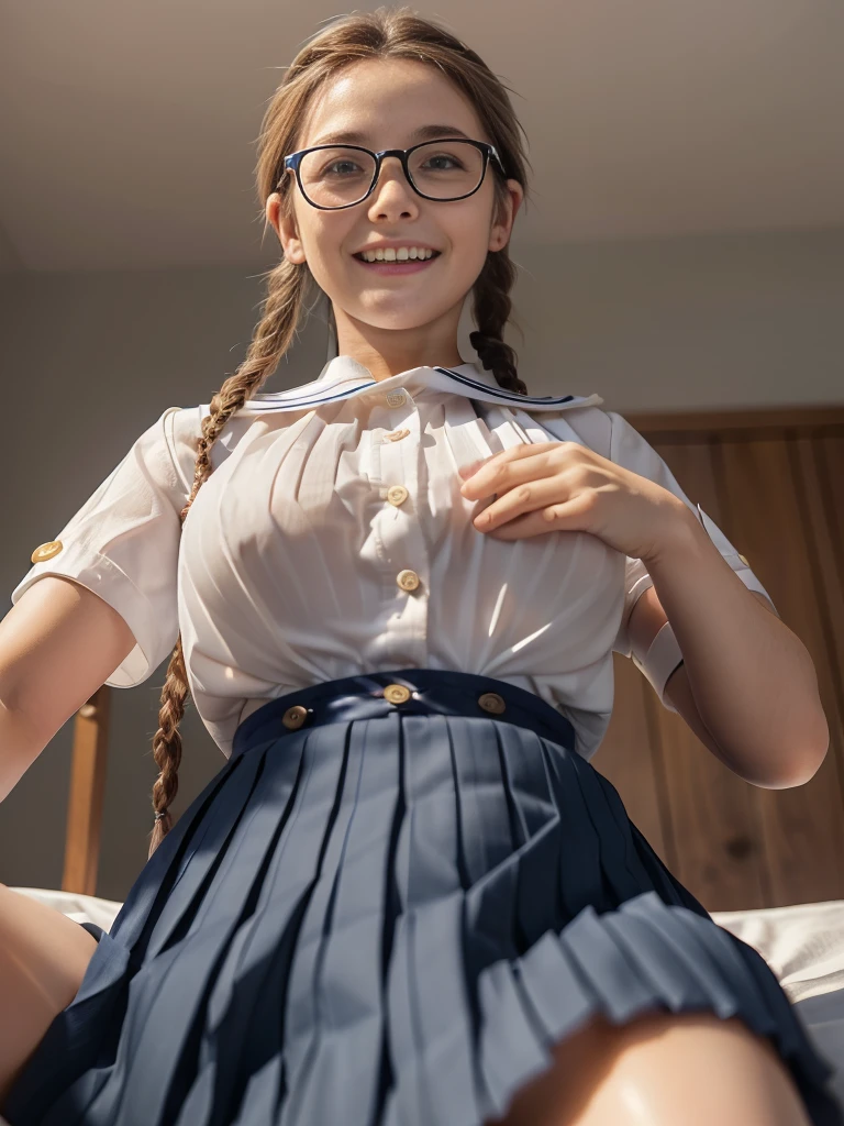 ((masterpiece))、((Highest quality))、photograph、reality、High resolution、Advanced Depth of Field、become close、Realistic lighting、secretary、(Early s:1.5)、(face:1.5)、(Primary school students:1.5)、(Short)、Delicate facial features、Realistic background and accessories、(A tight white shirt with buttons and a collar:1.5)、(Navy blue short pleated skirt:1.5)、(Red ribbon at neck:1.0)、Sexy lips、bed、Wide Shot、Thighs、(smile:1.3)、Emphasize the weight, soft, Round Breasts、whole body、(Legs spread wide to the sides:1.5)、(Braid:1.5)、(Glasses:1.2)、(Cowboy Position:1.5)、((Sexually excited facial expression:1.5))、(Angle from below:1.5)、(Erect nipples)