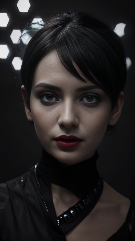 A captivating full-length illustration of a woman in a predominantly grayscale palette. Her striking pixie haircut is artistically adorned with abstract black and white patterns, resembling a mosaic of squares and rectangles. Her eyes, reminiscent of digital pixel art, draw you in, while her bold, vibrant red lips provide a striking contrast to the monochromatic tones. Intricate details, such as dots and stripes, enhance the composition. The dark fantasy, fashion-forward, and cinematic atmospher