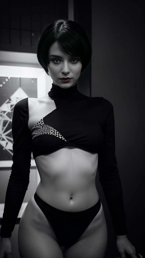 A captivating full-length illustration of a woman in a predominantly grayscale palette. Her striking pixie haircut is artistically adorned with abstract black and white patterns, resembling a mosaic of squares and rectangles. Her eyes, reminiscent of digital pixel art, draw you in, while her bold, vibrant red lips provide a striking contrast to the monochromatic tones. Intricate details, such as dots and stripes, enhance the composition. The dark fantasy, fashion-forward, and cinematic atmospher