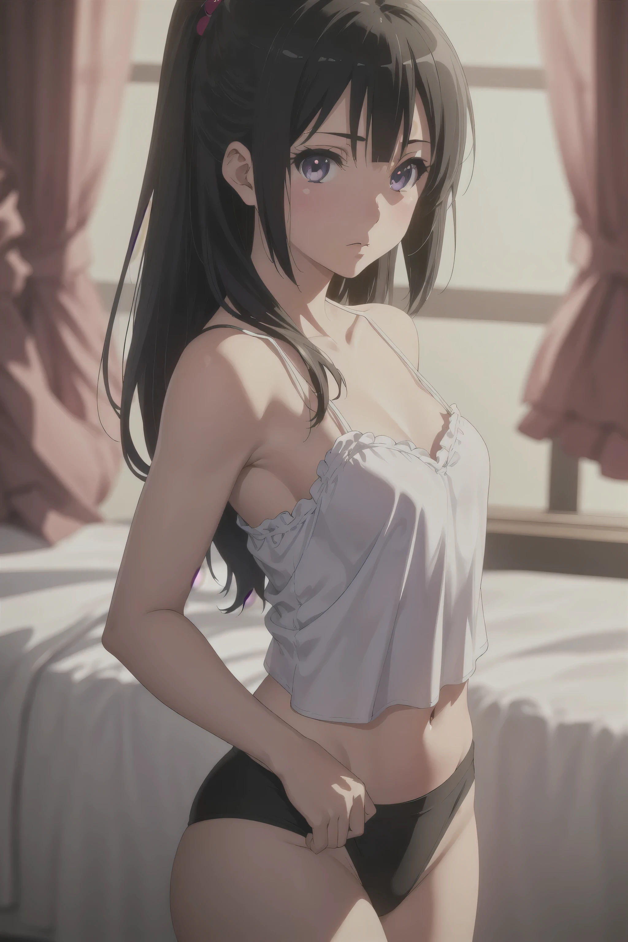 (A superb exquisite Kousaka Reina), (Kousaka Reina:1.5),
(photo realistic:1.4), (hyper realistic:1.4), (realistic:1.3),
(smoother lighting:1.05), (increase cinematic lighting quality:0.9), 32K,
1girl, girl, realistic lighting, light on face, ray trace, (brightening light:1.2), (Increase quality:1.4),
(best quality real texture skin:1.4), finely detailed eyes, finely detailed face, finely quality eyes,
((face closeup)),
(large chest), (Perfect Body Proportions), (slender Body Proportions), 
(bedroom), super sexy pose, (cute camisole),
(Increase body line mood:1.1), (Increase skin texture beauty:1.1),