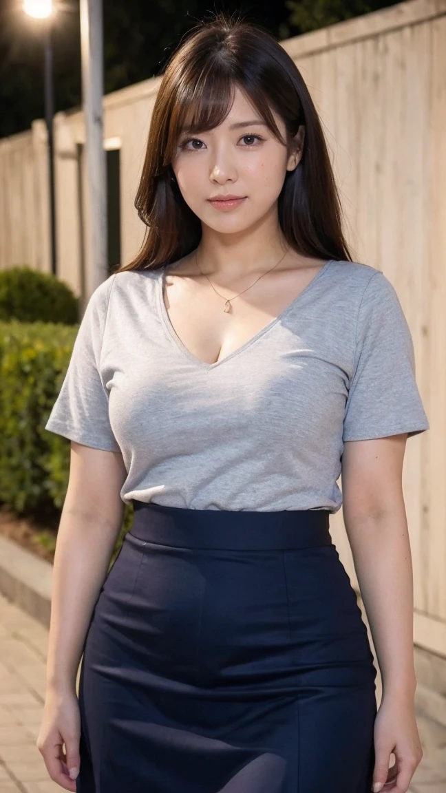 (((8k、High resolution、Highest quality、High resolution)))alone、Natural body shape、White skin、Natural Makeup、Black Hair、bangs、 Long Hair、(Big Breasts),Looking into the camera、Outdoor,(Business look), ((teacher)), Pink short sleeve V-neck, Formal blue tight skirt,mini skirt , necklace、((Full body photo))