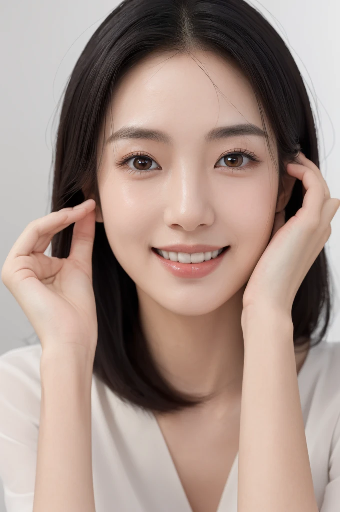 masterpiece,best quality,4k, (medium shot), 1girl, (wrists together:1.4), smiling, wide smile, beautiful Japanese female nurse wearing white Nurse dress, beautiful detailed face, slim, black lob hair, brown eyes, pale skin, fair skin, realistic skin, detailed cloth texture, detailed hair texture, Perfect proportion, Beautiful Face, (perfect eyes), (detailed eyes), solid circle eyes, sparkling eyes, (clean eyes), accurate, Anatomically correct, Highly detailed face and skin texture , looking at viewer, modern hospital room, photorealistic,
