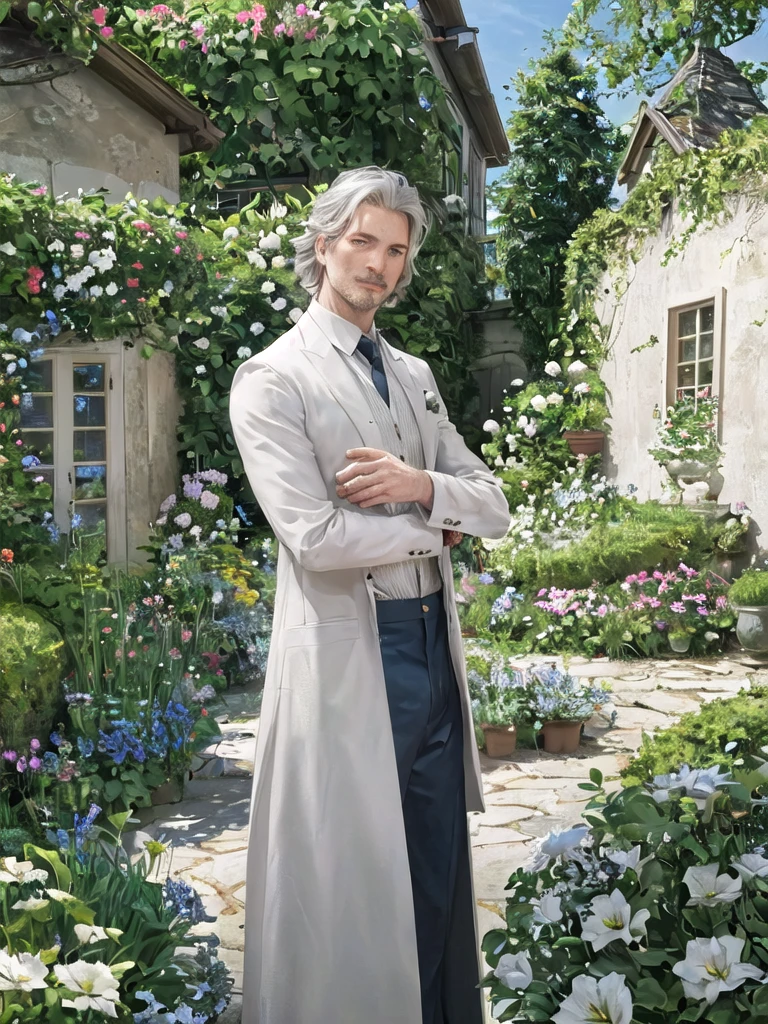 Male 45 years old. Gardener. White natural hair with silver undertones. Blue eyes. In the garden. Gardener's clothes. Fantasy palace. High quality, Detailed, High resolution, Masterpiece, Very high quality.