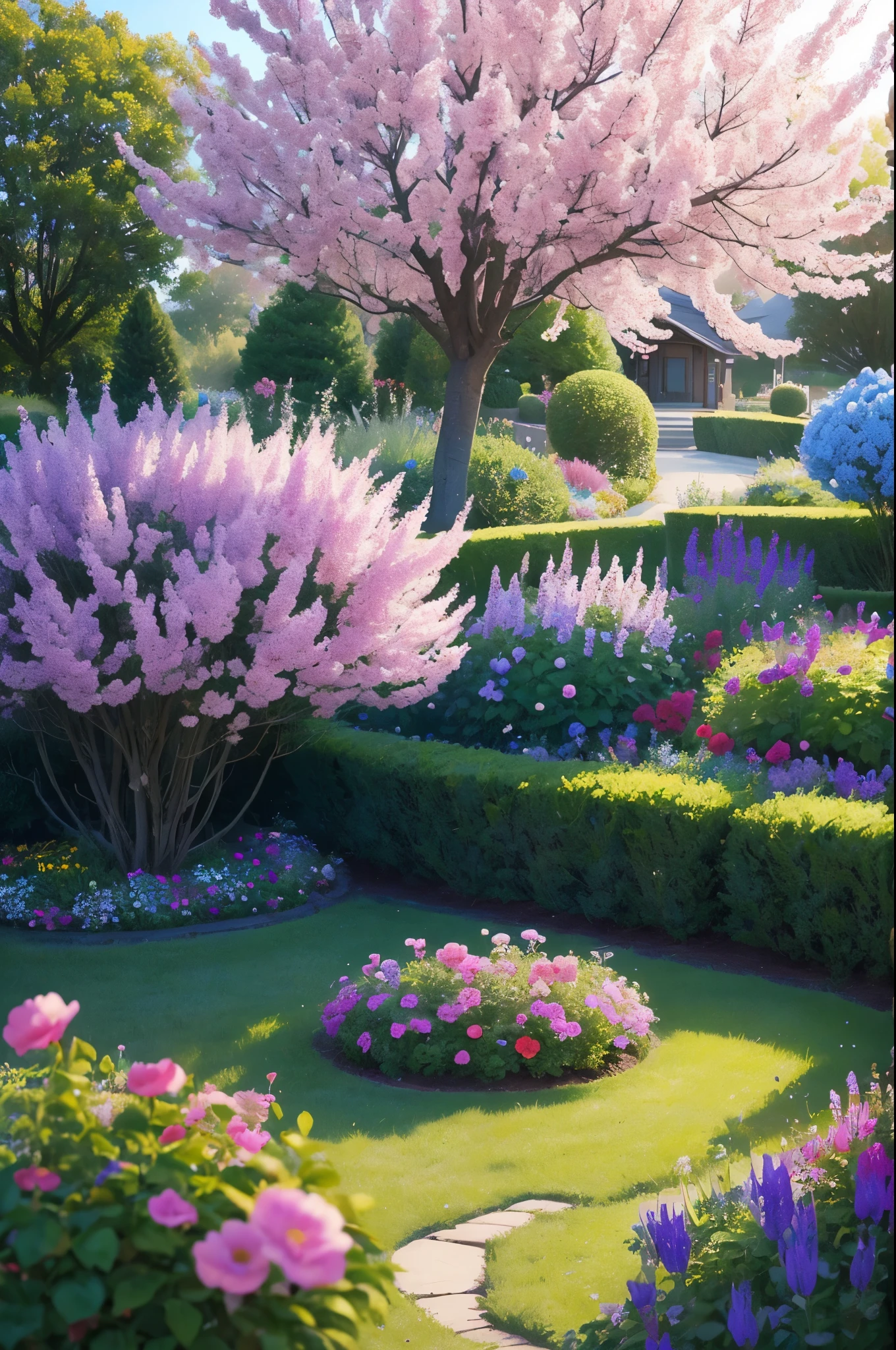 purple flowers are growing in a flower bed in a yard, a pastel by Manuel Ortiz de Zarate, flickr, hurufiyya, purple flower trees, beautiful flowers growing, incredibly beautiful, beautiful!!!!!!!!!, lush plants flowers, flowers and trees, lush flowery outdoors, beautiful large flowers, beautiful flowers, lush trees and flowers, beautiful plants, beautiful image, just beautiful
