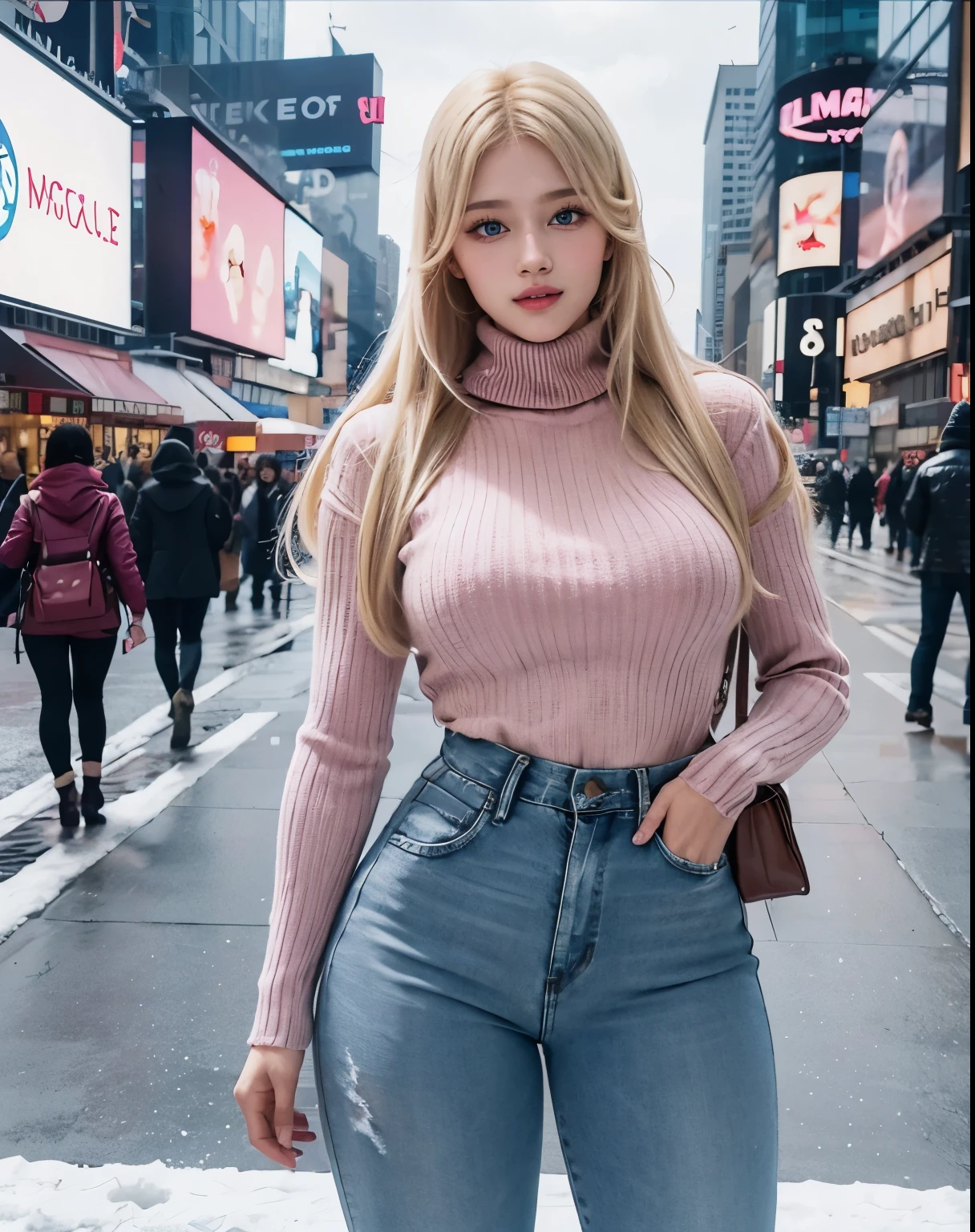 1girl, (Blue Eyes), (smiling), (Sana Minatozaki), (beautiful makeup :1.2), wide hips, (big tits), (big ass), thin waist, thick thighs, toned legs, muscle, (Best Quality, 8k, Masterpiece: 1.3), Clear Focus: 1.2, Perfect Body Beauty: 1.4, strong abs, Highly detailed face and skin texture, detailed eyes, double eyelids, pink lips, (blonde long straight hair :1.2), ((turtleneck sweater :1.2)), ((jeans :1.2)), (warm winter jacket), ((scarf)), warm clothing, standing, dynamic pose, winter, snowing, on the streets of Times Square at night, buildings illuminated by colorful signs, cold, out of focus background