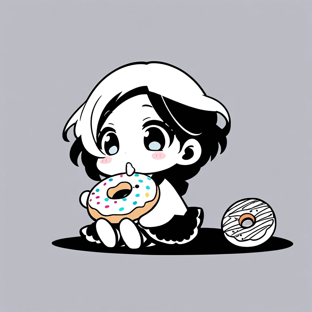 ultra-small deformation, Chibi Cute, 1girl, solo, full body, open mouth wide, Sitting ground and Eating a huge donut the size of a Swim ring, High contrast and vivid color, simple background