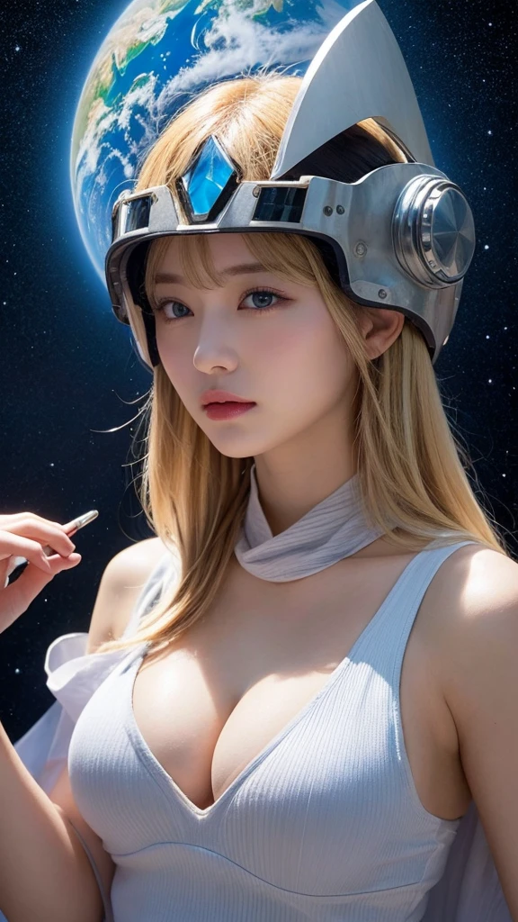 (((masterpiece))),16K,Highest quality, figure, Earth, water,fire,Wind,space,One girl,Blonde Hair,Beautiful mechs,Shiny Armor,Eagle Helmet,Beautiful Face,scarf,paper_cut,Browsing Caution、One girl with a perfect body, 非常にBeautiful Faceと目,Long Hair, Random color tank top:5.0, Big Breasts,Exposing cleavage