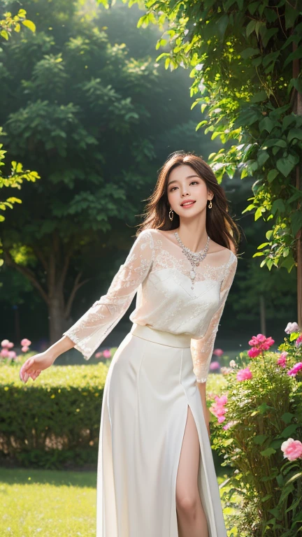 (Highest quality、 8k 、masterpiece、High resolution)、wallpaper、Young lovely woman、Ample breasts、Beautiful clavicle、Slender beauty、(Brown hair medium、My hair is blowing in the wind、Flows backwards)、whole body、 (Beautiful Face,Beautiful Eyes,Beautiful nose,Pretty lips)、(Earrings、silver heart pendant necklace)、(Feminine Style、3/4 Sleeve Lace Blouse、See-through long skirt)、Her mouth opens slightly and a smile appears.、Dynamic pose、Outdoor、garden、Colorful flowers、looking at the camera、Professional Lighting、Professional photographer、