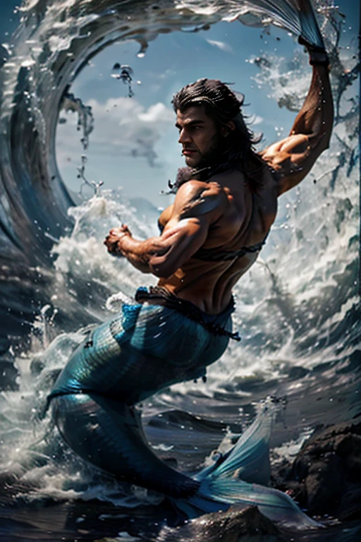 Muscle male mermaid, merman, muscles, male bodybuilder, blue mermaid tails, short beard, black hair, jumping from water, water twister, rocks, wallpaper