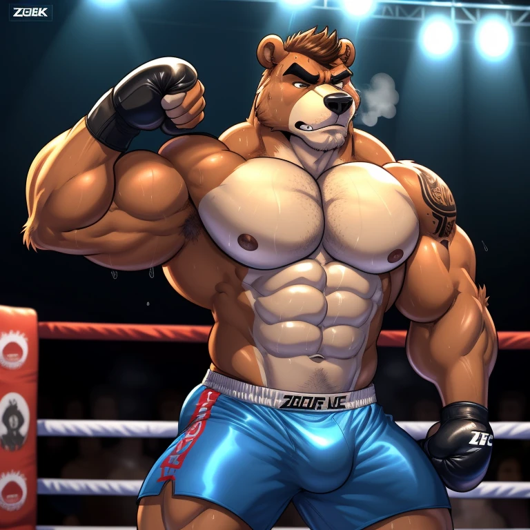 One male(Brown Bear, handsome, handsome hairstyle, tail, Thick eyebrows, detailed face), gay(Flexing his big muscles, on a boxing ring), hot(Shirtless), handsome(handsome, correct anatomy), musculoso(Big muscle bodie, Six packs, muscle abs, big pecs, muscle back, muscle legs), sweaty(very sweaty wet bodie, shiny sweat), tatuajes( have tattoos), grumpy( have an grumpy expression, grumpy teeths, steaming breath), UFC gloves(wearing UFC gloves), UFC boxers( wearing ufc boxers), Hight resolution, by(Zourik:1.1)