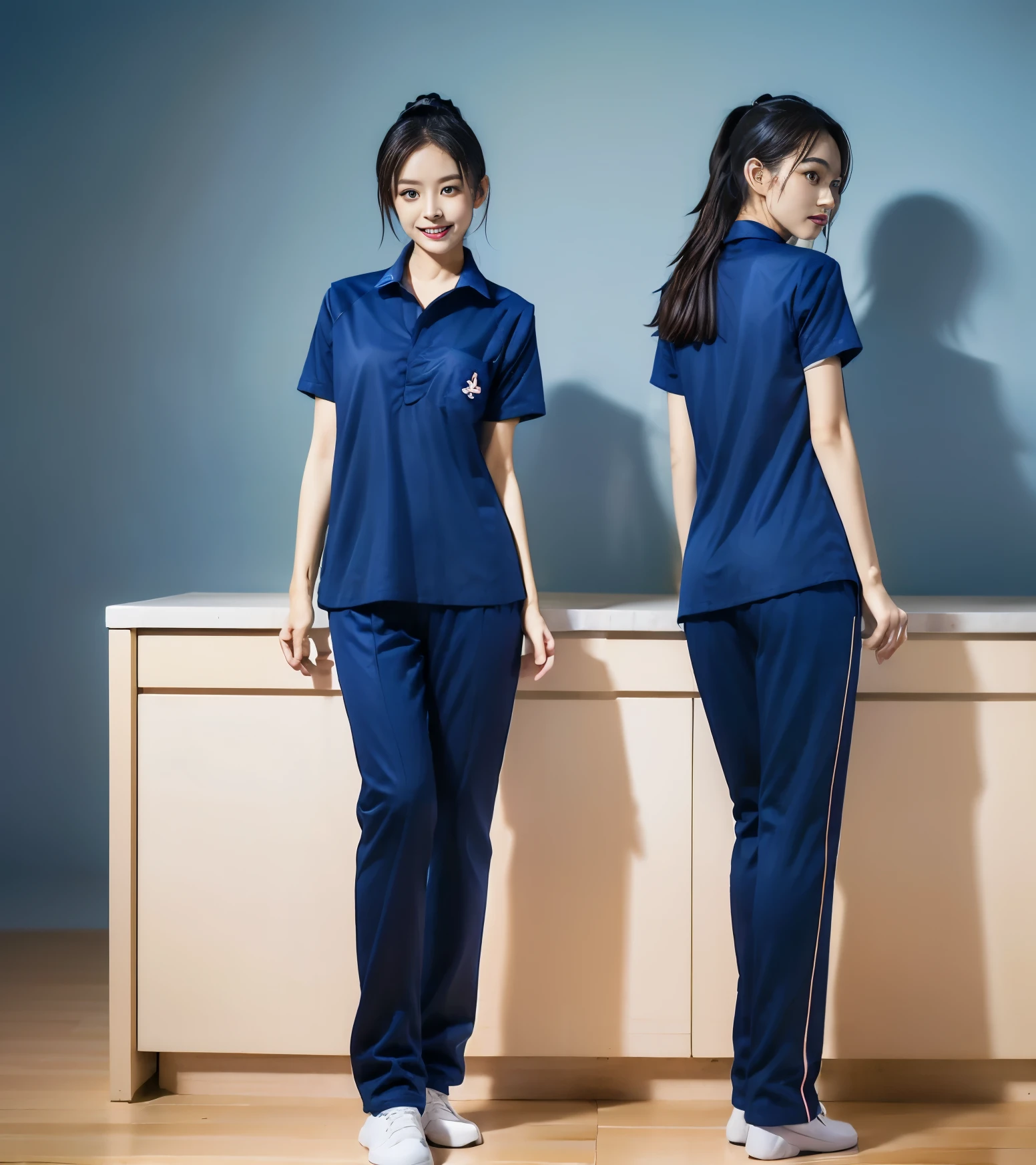 (best quality,10,10,height,Masterpiece:1.2),Special details,(realistic,ภาพrealistic,Realistic photos:1.37),1 Cute girl in the kitchen,shiny, ผิวshiny,only,smile softly,BDclothelue shirt:1.3)),short sleeve,shirt, กางเกงขาlong.,(navy_long_track pants:1.1), ((Kitchen Background)),Dynamic angle,excited,Face focus,dynamic poses,from behind,focus on ass,Masterpiece, best quality, ultra realistic, hyper detail, 8k resolution, raw photos, Sharp focus, ((Navy blue shirt:1.1)), short sleeve, เส้นทางlong, perfect body, 2 mature women, 18 years old, Cinema-grade lighting system,blue sweatpants,shirtผ้าออกกำลังกาย,correct anatomy,perfect body, correct body, Sharp face, correct bodyทางกายวิภาค, full body, realistic gestures, long-haired, realistic poses,Wear long shorts...........................,ช่วงขาlong,Good shape,carved girl, Slender figure, model, Good shape, beautiful body,blue sweatpants, two girls kissing