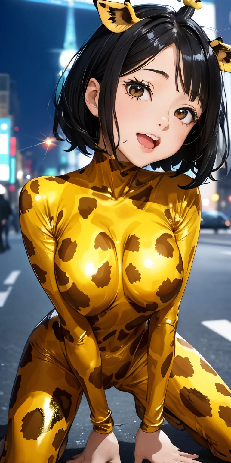 Open mouth and ahegao、(、Hip Up Zoom)(( girl with short wavy black hair))Realistically、Your breasts will get bigger(Keep your head low、Get on all fours with your butt sticking out、)Emphasize the tail、Open and sexy look、Accentuate your cleavage、(((Wearing a shiny giraffe print bodysuit)))、Various sexy poses、background (Arc de Triomphe at night)