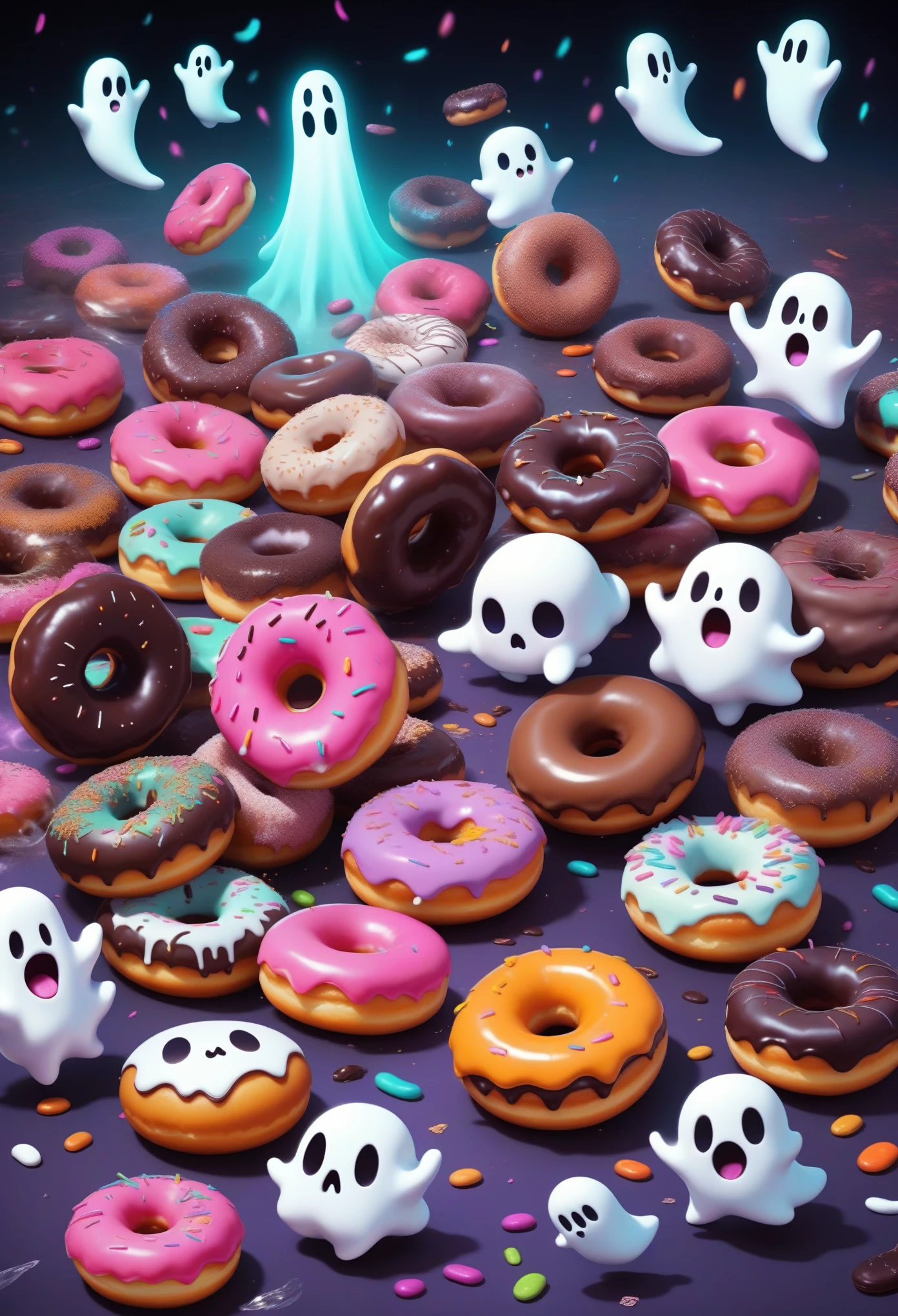 score_9, score_8_up, score_7_up, score_6_up, score_5_up, score_4_up, a lot of different donuts, a lot of cute ghosts munching on donuts, dancing notes, sparkling effects, ghost effects, cartoon-style, cute funny dark horror fantasy, background a lot of colorful donuts