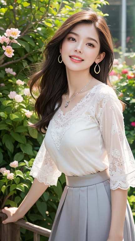 (Highest quality、 8k 、masterpiece、High resolution)、wallpaper、Young lovely woman、Ample breasts、Beautiful clavicle、Slender beauty、(Brown hair medium、My hair is blowing in the wind、Flows backwards)、whole body、 (Beautiful Face,Beautiful Eyes,Beautiful nose,Pretty lips)、(Earrings、silver heart pendant necklace)、(Feminine Style、3/4 Sleeve Lace Blouse、See-through long skirt)、Her mouth opens slightly and a smile appears.、Dynamic pose、Outdoor、garden、Colorful flowers、looking at the camera、Professional Lighting、Professional photographer、