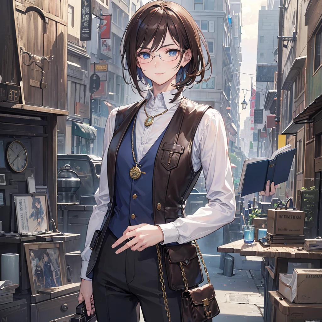 (masterpiece, realistic:1.3), (extremely intricate:1.2), (photorealistic:1.4), (extremely delicate), (ultra realistic:1.3), hyperrealistic photography, extremely detailed CG unity 8k wallpaper, UHD, HDR, RAW photo, dslr, hyperrealistic 3d render, realistic LUT, cinematic LUT,
CC_closeup_photo_background, (fair skin, detailed skin:1.3, Glossy skin + Shiny skin:1.1), 1male, lean, athletic, deep blue eyes, brown hair, dark eyebrows, straight nose, thin lips, smiling, clean-shaven, mechanical arm, mechanical heart, tailored vest and high-collared shirt with earthy tones, waistcoat with pockets for tools, durable trousers, knee-high leather boots, round, brass-framed spectacles, leather satchel with notebooks blueprints, and parts, pocket watch on a chain, official art, close up portrait, dimonapatrick_portraitCU, straight on camera, from front, center focus, symmetrical,Solo, Anime, Anime Style, Character Design, character sheet