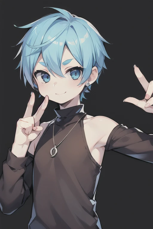 Highest quality, (high quality),simple background , punk style,eye highlights, arms up, peace fingers,arms are thin, thin body,face,from front, upper body,looking up, look at viewer , light in the eyes, eyes shine,shy, Pouting mouth,watery eyes,smile, open your mouth and laugh,(((10 years old))), (1 boy),light blue hair, short hair, ear cuffs, hair ornament ,illustration,anime style,