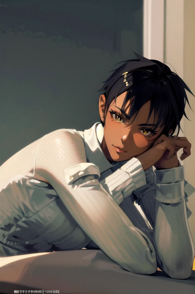 solo, best quality, masterpiece, extremely detailed CG, extremely detailed 8K wallpaper, extremely detailed character, (an extremely delicate and beautiful portrait), portrait, solo, sharp focus, dark skinned tomboy girl with (((sides shaved))) head, black hair, yellow eyes, detailed close-up portrait, head rest pose