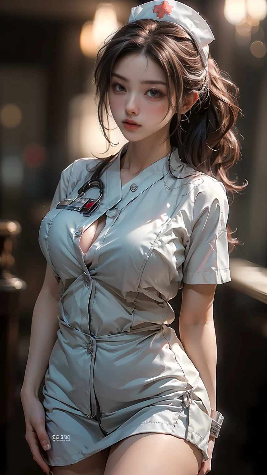((Masterpiece, top quality, high resolution, highly detailed CG unified 8K wallpaper, photorealistic, Raw photo, 8K)), (huge stunning goddess shot, very hot and sexy, jaw-dropping beauty, perfect proportions, beautiful body, slim body beauty:1.3), (sexy nurse:1.3), (Wearing a nurse's uniform),