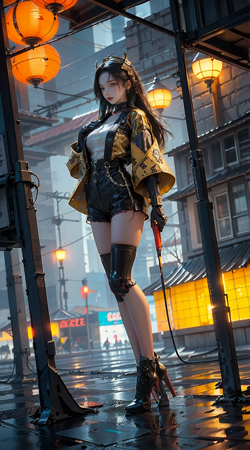 masterpiece,best quality,high resolution, 1 girl,from below,(매우 얇고 straight legs),,(매우 long legs,straight legs),,high heel,long legs,stand on all fours, 정면에서 보면 long legs, perfect body,with perfect legs,(Exterior),Telegraph slang,cyberpunk figures,dynamic pose,1 girl,Exquisite eyes,brown eyes,eye shadow,to put on make up,long gray hair, detailed face, detailed eyes, looking at viewer, blusher\(to put on make up\), plump lips, red lip,(long gray hair:1.3), (stand on all fours)Mechanically static,Summon Mech,(headdress:1.1),headgear,((((short yellow jacket,ultra shorts)))),(black lace stockings,stocking suspenders),city,Luminous winding,Holding a long sword in his hand,weapon,Cyberpunk Lighting:1.1),neon lights,Completely mechanical and futuristic elements,technology,배경은 중국 전통 distance,Chinatown, distance, sky sky, cyberpunk figures, lantern, Neon Super Resolution,(realism:1.3),1(slim:1.2),dramatic lighting,vivid details,classy cyberpunk,complex background,Rendering with high octane,