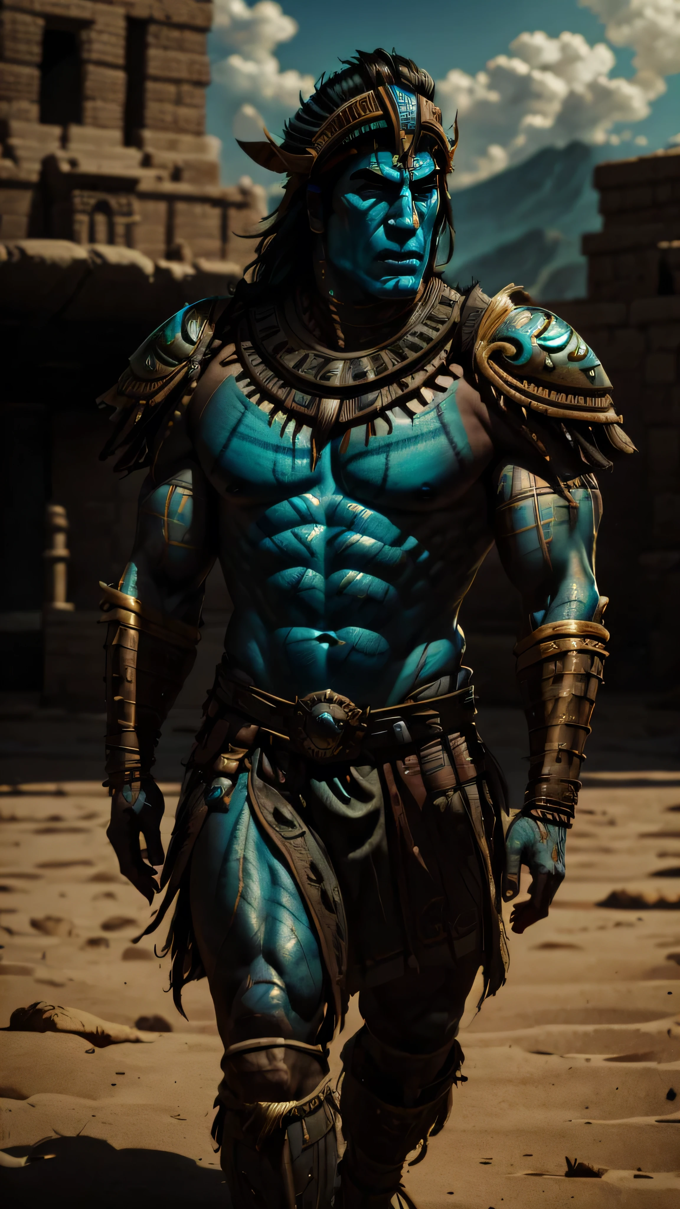 (Javier Bardem) as Kotal Kahn from Mortal Kombat, black long hair, glowing eyes, light blue tattoos, man warrior, brown helmet with feathers, brown armor, brown loincloth, (aztec temple background:1.0), (insanely detailed, beautiful detailed face, masterpiece, best quality), cinematic lighting, 1man, solo, full body view, front view, looking at viewer, intricate, high detail, sharp focus, dramatic, photorealistic painting art by greg rutkowski