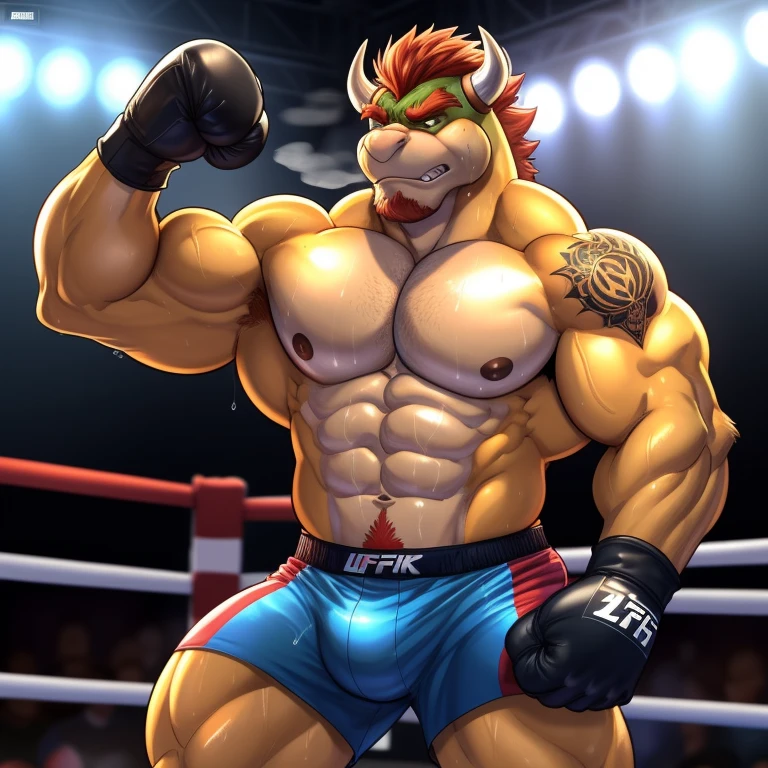 One male(Bowser, handsome, handsome hairstyle, tail, Thick eyebrows, detailed face), gay(Flexing his big muscles, on a boxing ring), hot(Shirtless), handsome(handsome, correct anatomy), musculoso(Big muscle bodie, Six packs, muscle abs, big pecs, muscle back, muscle legs), sweaty(very sweaty wet bodie, shiny sweat), tatuajes( have tattoos), grumpy( have an grumpy expression, grumpy teeths, steaming breath), UFC gloves(wearing UFC gloves), UFC boxers( wearing ufc boxers), Hight resolution, by(Zourik:1.1)