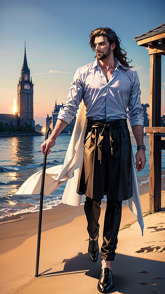 ((masterpiece, Best quality, a high resolution, ultra detailed),(beautiful and aesthetically pleasing:1.2), 1 man, adult, perfect body, Wavy short dark hair, green eyes, Detailed eyes and face, male body, male focus, muscle body, long oversized shirt, beachные шорты, golden hour, castle, castle worker, Palma, complex parts, full body, beachные шлепки, unshaven beard
