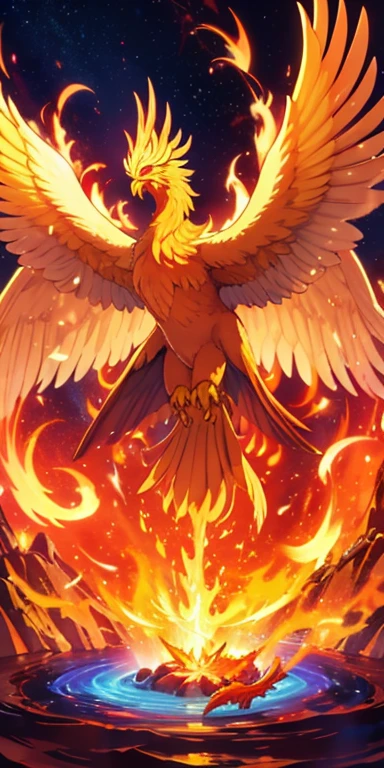 a majestic phoenix surrounded by swirling elemental symbols (fire, water, earth, air).