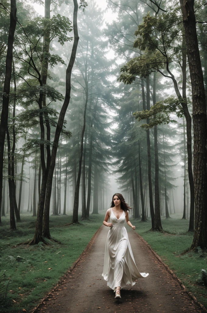 A forest with beautiful trees around, foggy atmosphere, a girl wearing a gown running 