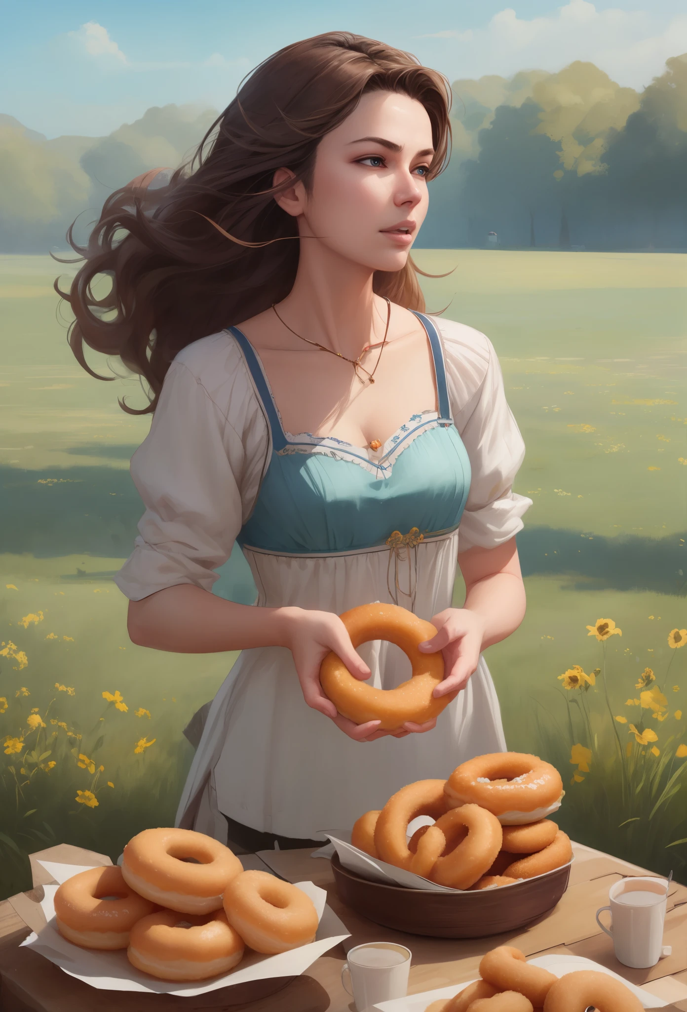 eating donutos in a vast green meadow, 4 k digital illustration by artgerm, wlop, james jean, andrei riabovitchev, marc simonetti, yoshitaka amano, artstation, cgsociety