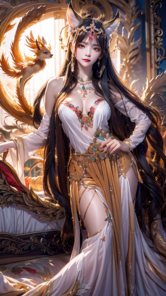 Twenty-five-year-old nine-tailed demon fox girl,Fox Eyes,Long pink hair above the waist,Wear antique sheer tulle,Lying on side on wooden bed,look ahead,