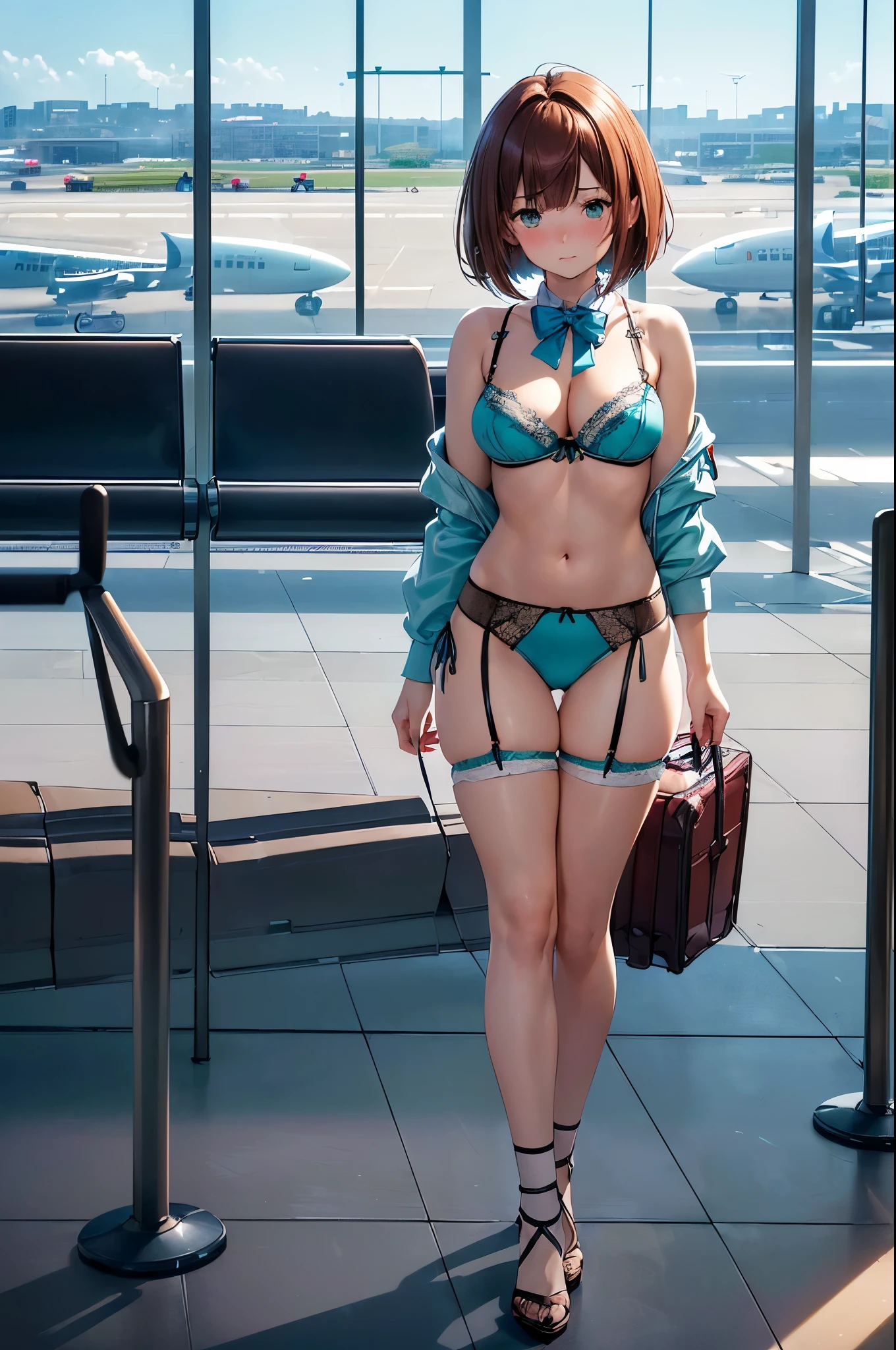 (((masterpiece, Highest quality, High resolution, 超High resolution, Perfect Pixel, Depth of written boundary, 4K, RTTX 10.0))), Beautiful Anime Woman, Beautiful art style, Anime characters, ((Smooth texture, Realistic texture, Anime CG Style)), Perfect and accurate finger count、Exact number of legs、(Exact number of arms:1.0, Exact number of hands:1.0), (Perfect hands, Perfect Anatomy), Cinematic, Realistic, Extremely detailed CG, Daytime lighting, Perfect lighting, Best Shadow, The best natural light, whole body, Perfect body, バランスのとれたPerfect body, Perfectly balanced style, Soft body, Slender body, ((bangs, Reddish brown hair, Stylish bob cut)), ((A cute adult woman is walking:1.8)), ((Bow tie around neck:1.3), (Sexy and cute turquoise underwear:1.3), (Stylish shiny turquoise blue satin panties, Side-tie panties, Panties with a plain turquoise blue center and lace decoration on the sides:1.3), (Thin panties:1.3), (Turquoise micro lace satin bra, Turquoise blue bra with lace trim around the edges, Thin bra:1.3), (lace garter belt, Garter Strings, Knee socks:1.3):1.4), (Beautiful big boobs:1.1), (Embarrassed expression:1.5), blush, (Airport lobby, There are many people in the background々:1.7), naked, In underwear, ブラとパンティとKnee socksとガーターベルトだけ, Carry bag with casters, High heels, Angle from below the front